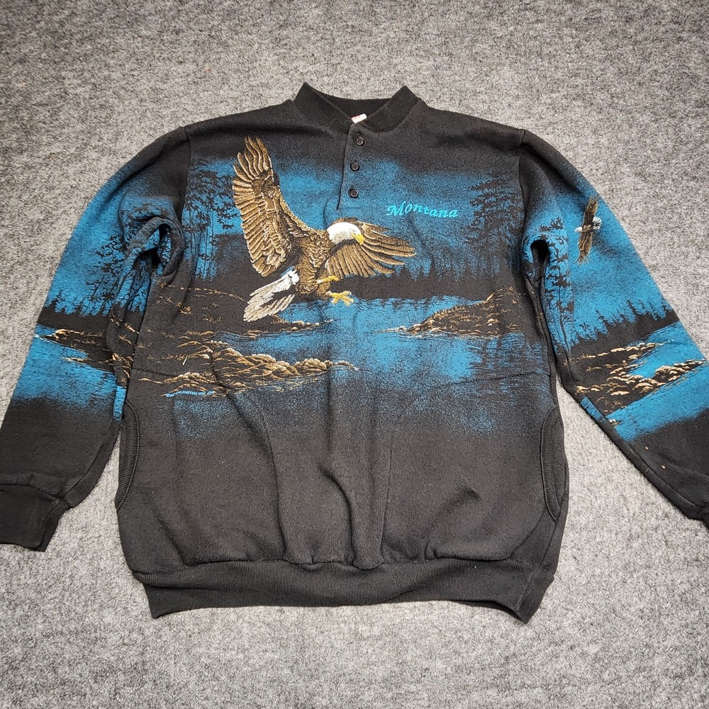 Art Unlimited VTG Henley Sweatshirt Montana State Bald Eagle Double Sided Medium